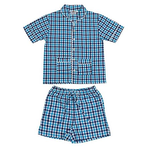 Allegrino pigiama corto in puro cotone per bambino set pigiama da notte per bambini da 2 a 16 anni (quadro blu celeste, 2 anni)