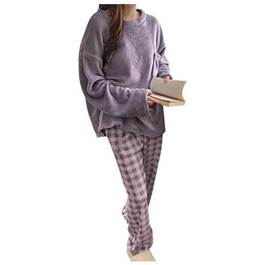 Minetom pigiama a quadri donna flanella invernale pigiama caldo due pezzi top e pantaloni set pigiami lunghi sleepwear loungewear c viola s