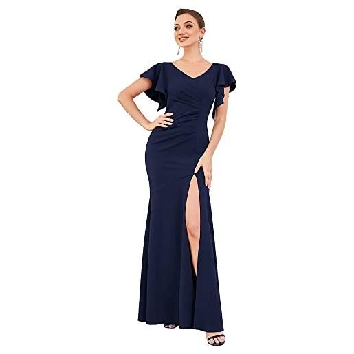 Ever-Pretty vestiti donna elegante alta elasticità lungo linea ad a scollo a v maniche corte abito da sera blu navy s