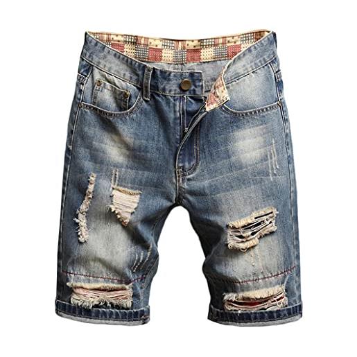 Pantaloncini Jeans Uomo Slim Fit Strappati - Elasticizzati, Corti, Denim Blu, Con Tasche, Vita Media