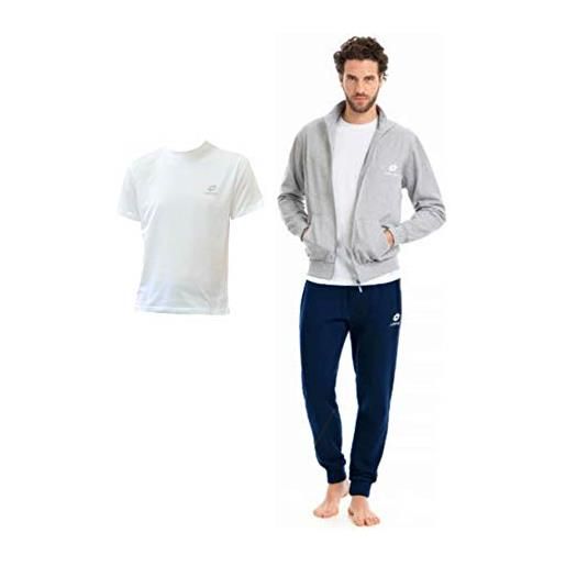 Lotto tuta uomo in felpa estiva, 2 pezzi + t-shirt, giacca in felpa estiva + pantalone in felpa estiva + t-shirt in cotone (felpa blu+pantalone blu+t-shirt bianca, l)