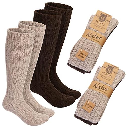 Brubaker 4 paia di calze lunghe al polpaccio in 100% lana d'alpaca - calze termiche extra-lunghe - set di 4 calze di lana invernali unisex per uomo e donna - beige marrone - 43-46