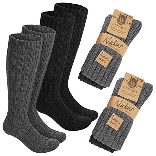 Brubaker 4 paia di calze lunghe al polpaccio in 100% lana d'alpaca - calze termiche extra-lunghe - set di 4 calze di lana invernali unisex per uomo e donna - beige marrone - 35-38