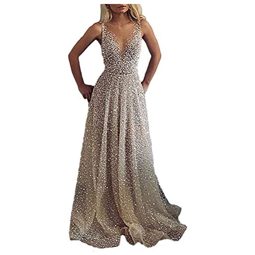 Minetom donna elegante paillettes vestito lungo da sera festa cocktail cerimonia scollo a v senza maniche maxi abito b argento l