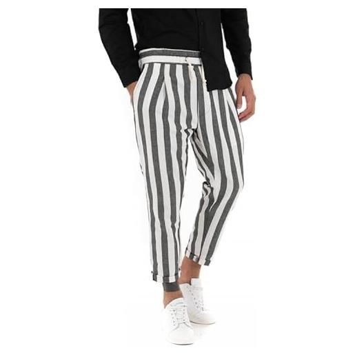 Giosal pantalone uomo lino rigato elastico coulisse fantasia righe bicolore tasca america casual vari colori (nero, s)