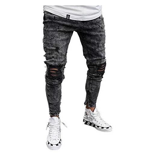 Chickwin pantaloni jeans da uomo, eleganti skinny strappati elasticizzati da denim denudati caviglia slim fit con zip (l, nero)