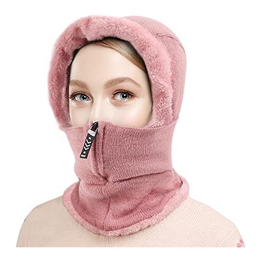 Yaxuan caldo cappello invernale a maglia con sciarpa con scaldacollo flessibile maschera da sci a maglia da donna adatto per gli sport all'aperto-rosa