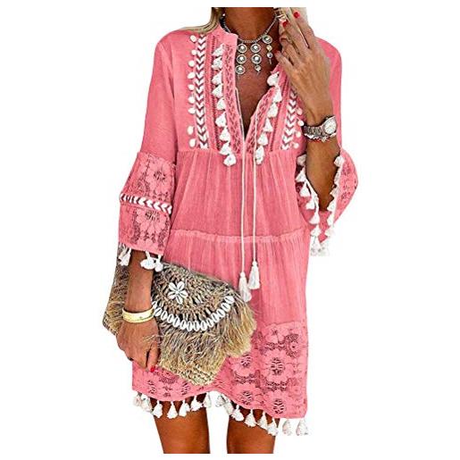 ORANDESIGNE donna abito a maniche lunghe scollo a v sciolto vestito estivo boemia vestito da spiaggia taglie forti nappa mini vestiti a rosa chiaro 40