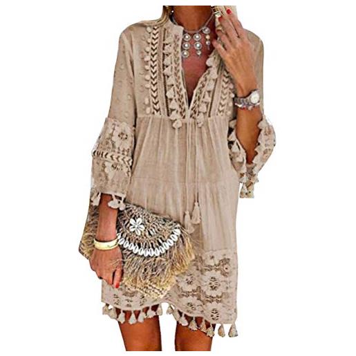 ORANDESIGNE donna abito a maniche lunghe scollo a v sciolto vestito estivo boemia vestito da spiaggia taglie forti nappa mini vestiti a cachi 38