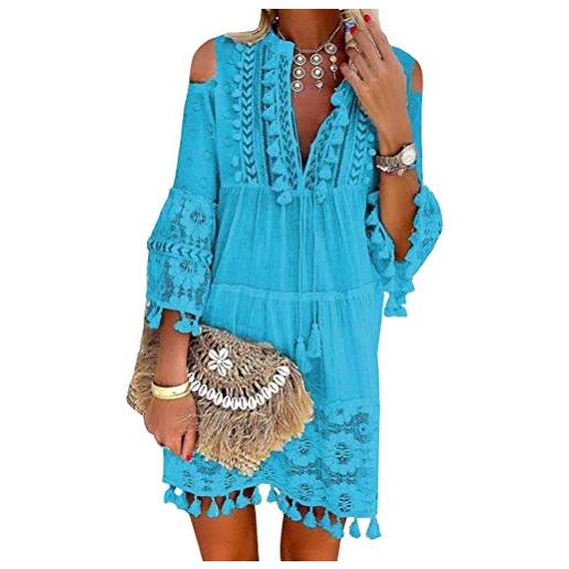 ORANDESIGNE donna abito a maniche lunghe scollo a v sciolto vestito estivo boemia vestito da spiaggia taglie forti nappa mini vestiti a cachi 38