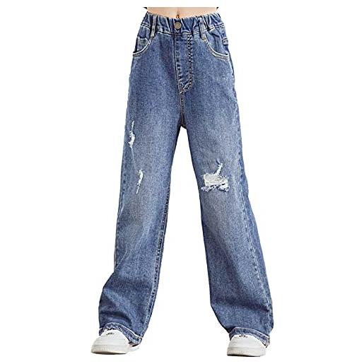 Freebily jeans bambina in denim pantaloni a gamba larga pantaloni svasati vita alta pantaloni a zampa d'elefante jeans a campana pantaloni larghi primavera autunno blu a 9-10 anni