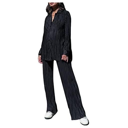 Yassiglia set da donna plissettato completi casual autunnali 2 pezzi, camicia a maniche lunghe + pantaloni a gamba larga streetwear loungewear (bianco, m)