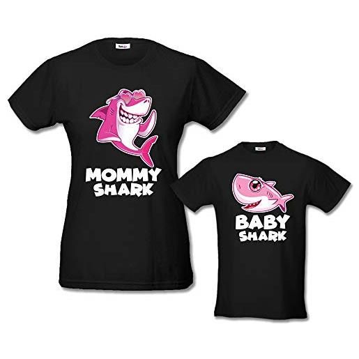 Babloo coppia di t shirt donna bambino festa della mamma mommy shark and baby shark nere femminuccia donna l - bimbo 3-4 anni