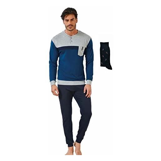 Enrico Coveri pigiama uomo invernale + calza omaggio - pigiama uomo invernale cotone caldo - pigiama uomo invernale caldo anche in taglie forti (2088 blu+calza omaggio, xl)