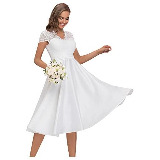 Ever-Pretty vestito da sposa pizzo maniche corte scollo a v stile impero linea ad a elegante midi da donna bianco 44eu
