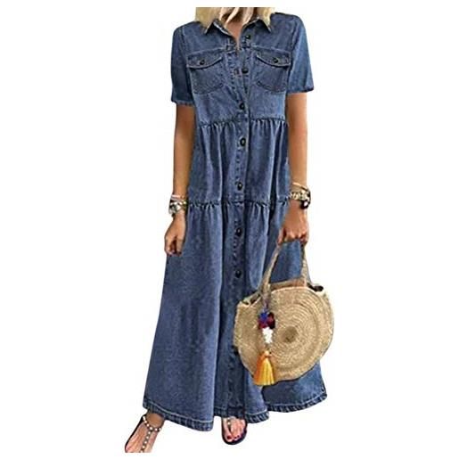 ORANDESIGNE vestiti jeans donna estivi vestiti camicia maniche corte estate blu casual vestito scollo a v camicia vestito denim maxi dress b blu 46