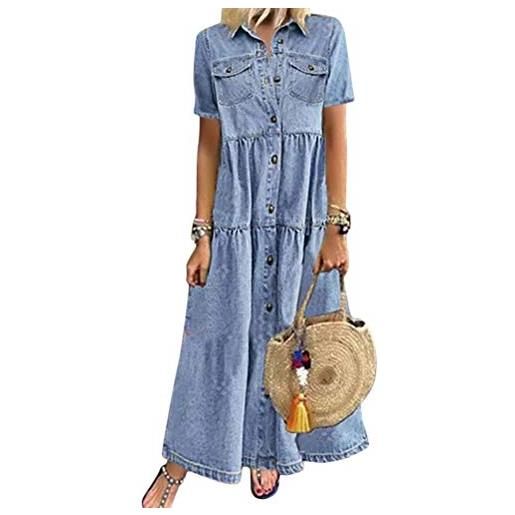 ORANDESIGNE vestiti jeans donna estivi vestiti camicia maniche corte estate blu casual vestito scollo a v camicia vestito denim maxi dress b blu 48