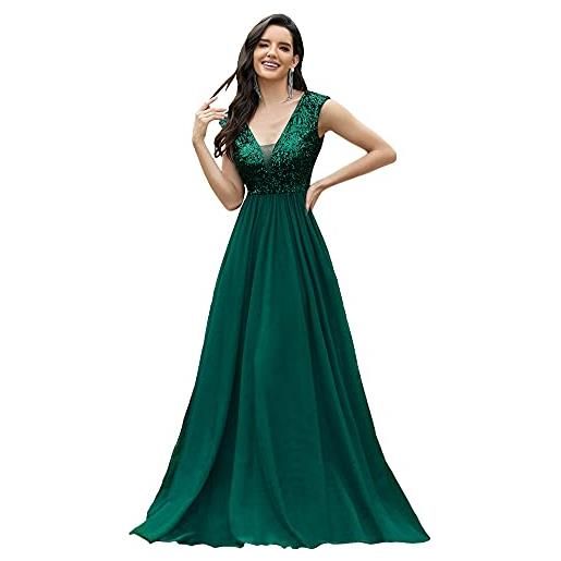 Ever-Pretty abito da sera donna paillettes tulle linea ad a scollo a v stile impero lungo verde scuro 48