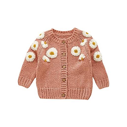 Loalirando cardigan a maglia neonata 3-24 mesi ricamo floreale abbigliamento neonata in cotone invernale maglione elegante caldo bimba regalo (rosa, 3-6 mesi)