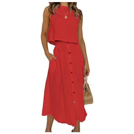 ORANDESIGNE completo due pezzi da donna top lino senza maniche e gonna lunga in lino crop top irocollo tinta unita decorazione con bottoni maxi gonna con orlo irregolare con tasche a bianco m