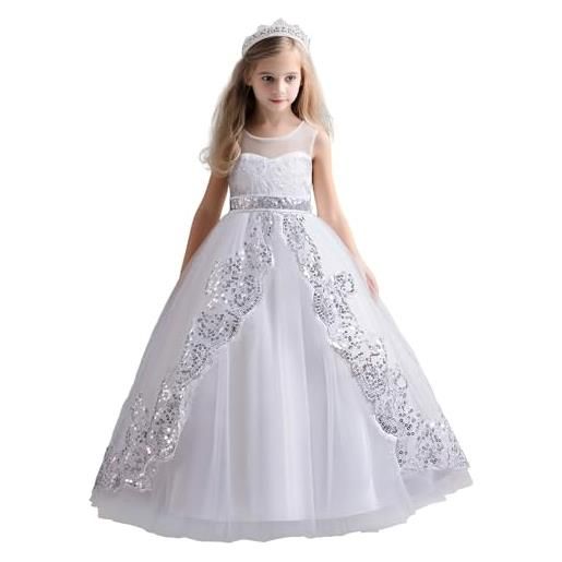 NNJXD abito da ragazza di fiore per spettacolo da festa tutù di natale abito da sposa principessa in pizzo 0250 bianco taglia (120) 4-5 anni