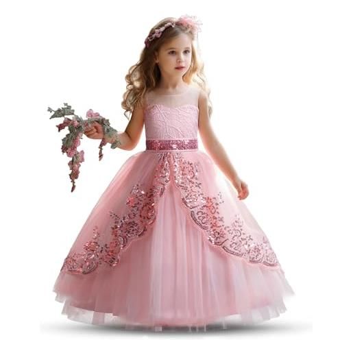 NNJXD abito da ragazza di fiore per spettacolo da festa tutù di natale abito da sposa principessa in pizzo 0250 rosa taglia (150) 9-10 anni
