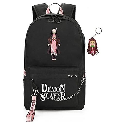 FSRONGXI demon slayer backpack for school nezuko bookbag anime rucksack with usb charging port, free keychain 17.7inch (nezuko stand)
