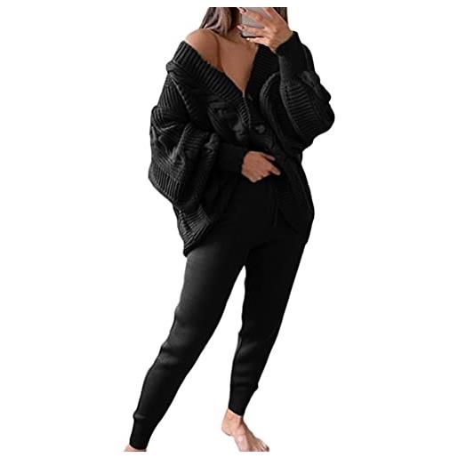 Minetom set donna completo tinta unita manica lunga cardigan giacca a maglia e pantaloni 2 pezzi tuta nero s