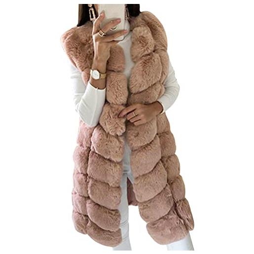 ORANDESIGNE pelliccia senza maniche donna sintetica capispalla gilet invernale cardigan pelliccia donna giacca elegante invernale cappotto lungo di pelliccia sintetica a cachi xs