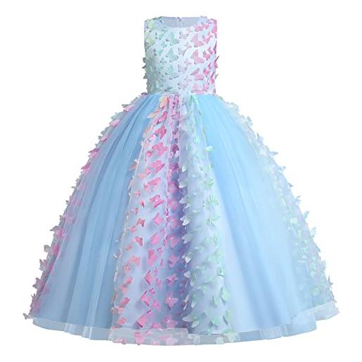 OBEEII bambina vestito principessa in pizzo manica mezza abbigliamento bambine invernale eleganti abito principessa de festa cerimonia sposa sera per ragazza blu a 5-6 anni