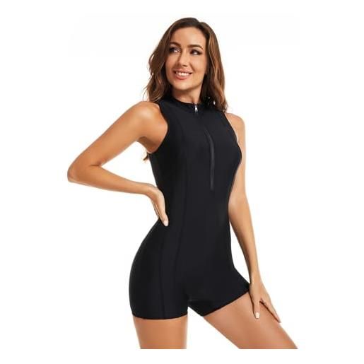 Beachkini costume da bagno a maniche lunghe con zip da donna costume intero da bagno ricreativo rash guards, noir 66631,3xl