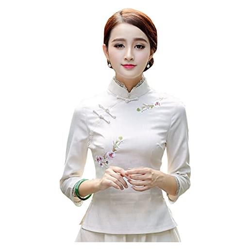 YLfly camicia cinese con colletto alla coreana qipao top camicetta tradizionale da donna, marina militare, 38