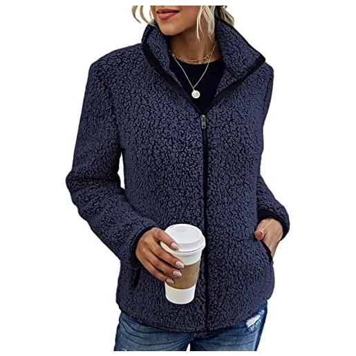 Tomwell giacca in pile cappotto caldo con cerniera da donna cappotto invernale da donna a maniche lunghe con cappuccio cardigan maglione a blu xl