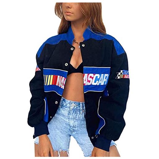 ORANDESIGNE bomber jacket giacca donna giacca sportiva jackets vintage streetwear con tasca outwear cerniera giacca college sweat jacket patchwork oversized giacche cappotto c blu xs