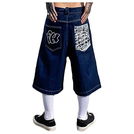 ORANDESIGNE pantaloncini di jeans hip hop da uomo bermuda larghi jeans corti vintage con stampa pantaloni da ballo di strada skateboard per ragazzi adolescenti pantaloncini cargo b nero l