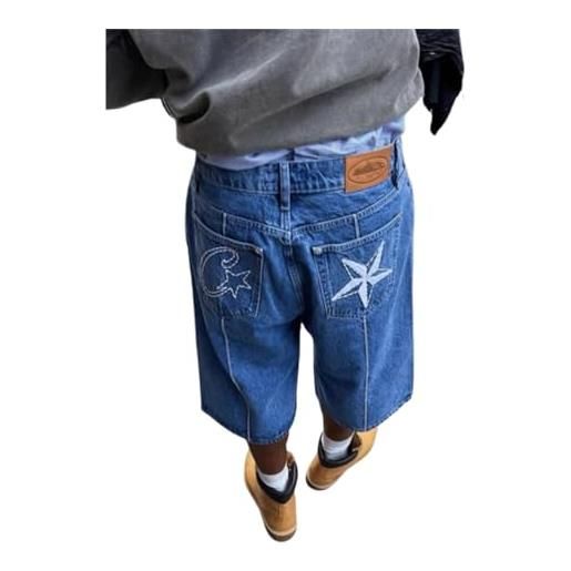 ORANDESIGNE pantaloncini di jeans hip hop da uomo bermuda larghi jeans corti vintage con stampa pantaloni da ballo di strada skateboard per ragazzi adolescenti pantaloncini cargo b blu s