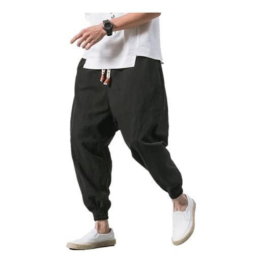 XinCDD pantaloni casual e pantaloni da uomo casual giapponesi larghi in cotone tinta unita pantaloni da uomo in cotone e lino (grigio, m)