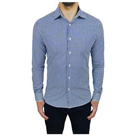 Mat Sartoriale camicia uomo sartoriale blu bianca rigata slim fit casual elegante (l)