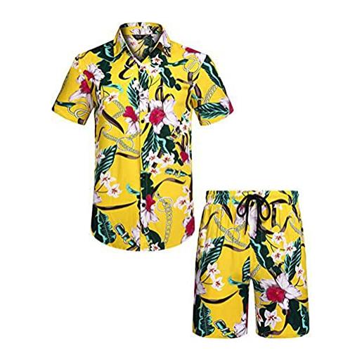 Osheoiso hawaiana camicia completi tuta da uomo 2 pezzi floreale camicia da spiaggia + pantaloncini tuta girocollo taglia larga manica corta con tasca estate pattern b l