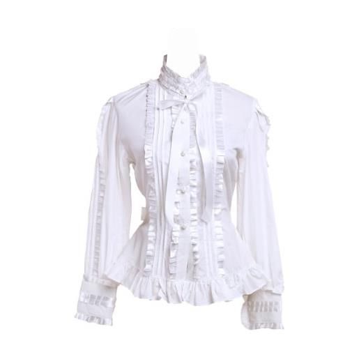 an*tai*na* camicia tradizionale lolita vittoriana in cotone bianco con arricciatura in pizzo e cravatta e collo alto, s
