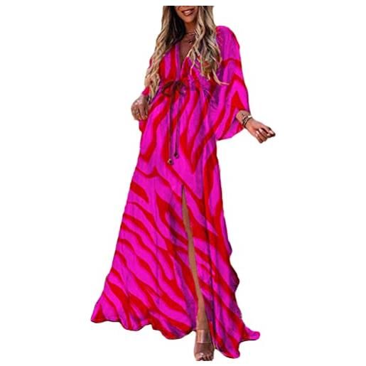 Onsoyours vestito casual fiori maniche corta ampia elegante cerimonia cocktail abito con cintura scollo a v lungo estivo vestitini spiaggia dress z rosa m