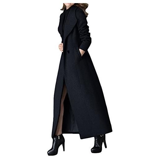 PLAERPENER trench da donna classico doppiopetto spesso in cashmere nero lungo in lana, nero , 42