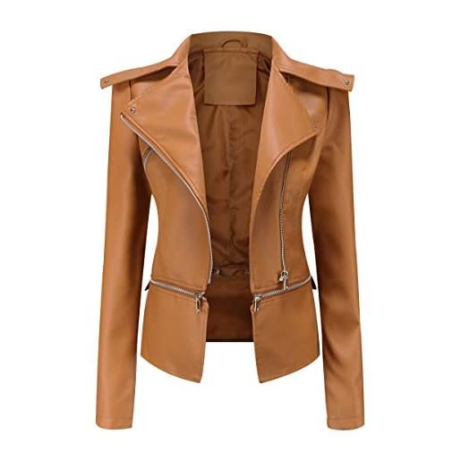 Peuignao giubbotto ecopelle donna corta similpelle biker jacket faux leather giacca bikers finta pelle sintetica curvy cammello s