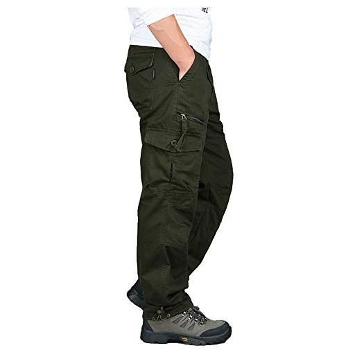 FANSU pantaloni uomo tasche laterali militare invernali, tasconi larghi pantaloni militare elasticizzati trekking baggy slim lunghi classici casual calzoni (verde, l)