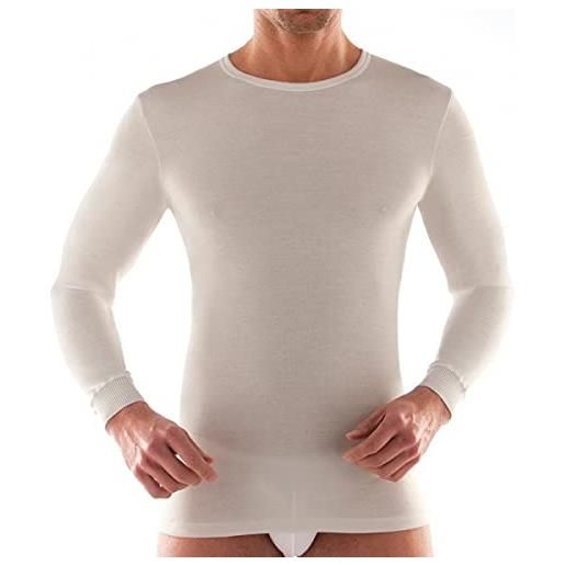 Liabel t-shirt uomo girocollo manica lunga, lana fuori-cotone dentro - bianco, l-5