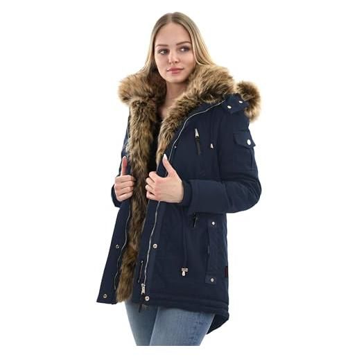 Navahoo, daria, b380, giacca invernale da donna, lunga e calda, con collo di pelliccia blu navy s