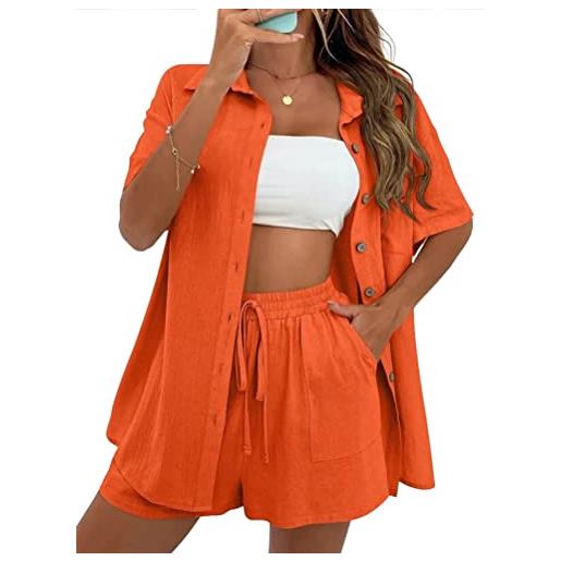 ORANDESIGNE completo donna casual elegante set camicia e pantaloncino due pezzi estivo abbigliamento outfit chic loungewear suit completino tuta arancione chiaro xs