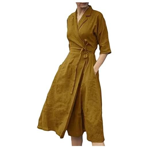 ORANDESIGNE abito camicetta in lino di cotone donna lunghi manica eleganti vestiti con scollo a v tinta unita casual abito longuette al ginocchio vestiti con tasche f giallo s