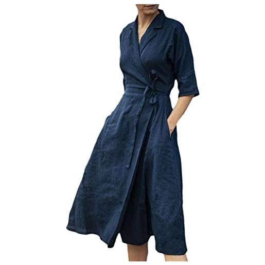 ORANDESIGNE abito camicetta in lino di cotone donna lunghi manica eleganti vestiti con scollo a v tinta unita casual abito longuette al ginocchio vestiti con tasche f blu scuro xl