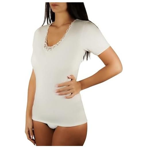 Clessidra pacco da 3 magliette manica corta donna con ricamo in lana cotone made in italy, maglietta intima, lana, t-shirt donna, camiciola, maglia, lana cotone, mezza manica pt4220 (7, bianco)